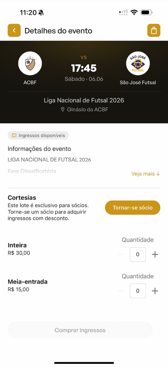 App da ACBF, compra de ingressos