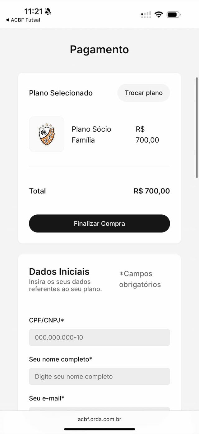 App da ACBF, pagamento de plano de sócio